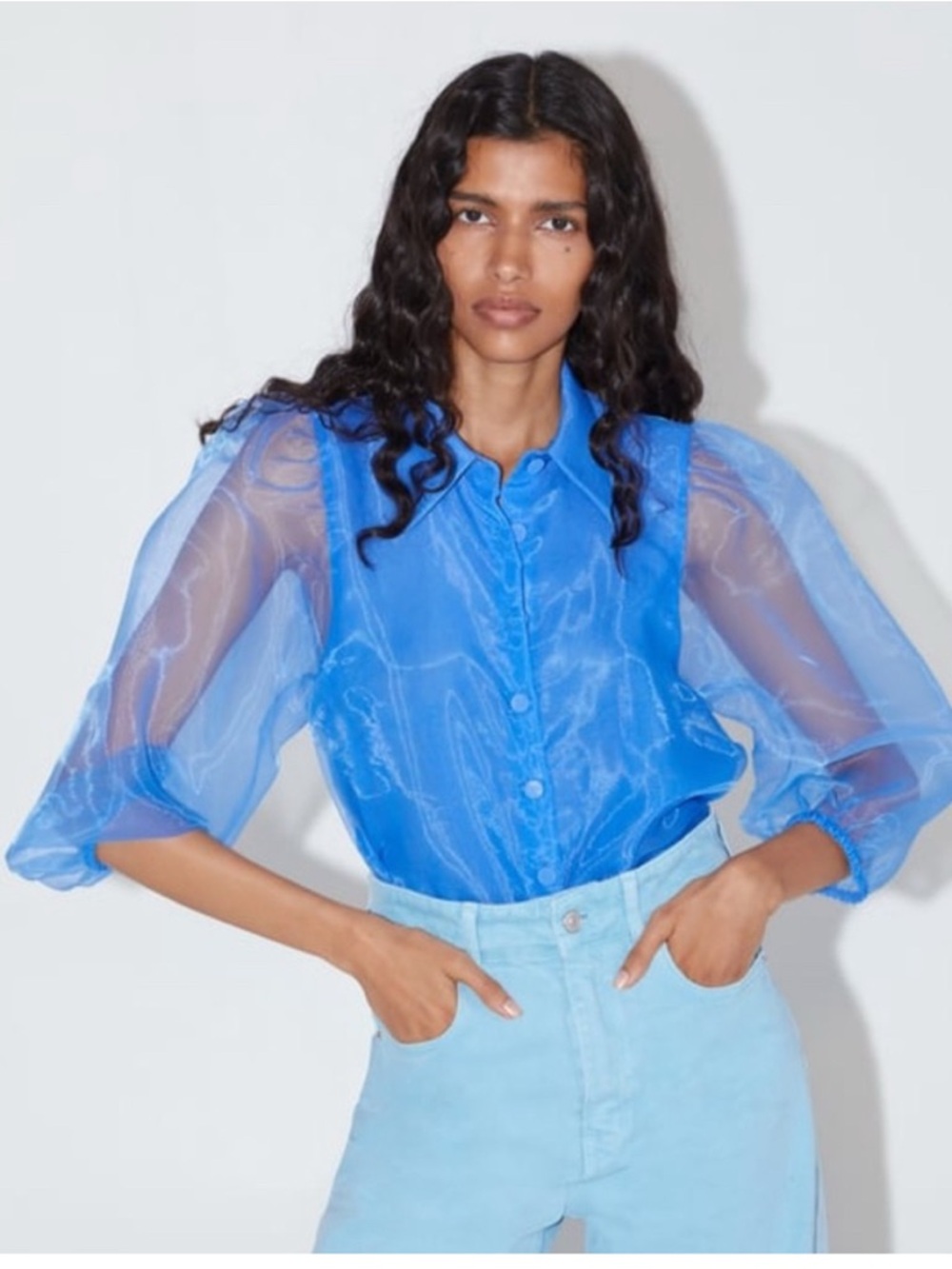 ZARA Sheer back Blue Organza Button-Up Blouse